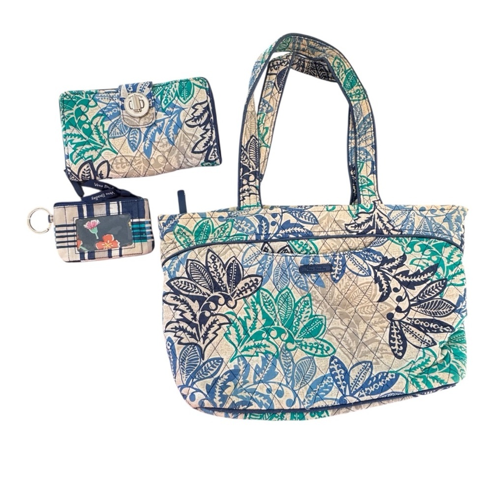 Vera Bradley Santiago Print Blue Teal Tan floral paisley Bag Wallet 2 piece set